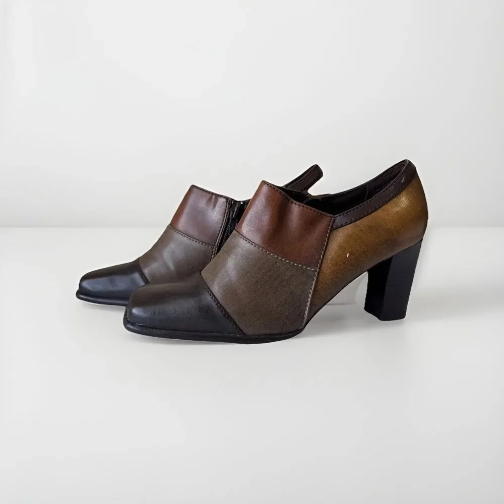 Highlights Women’s Brown Leather Ankle Heels Zipper Booties Size 7.5
